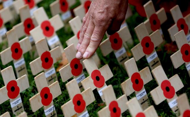(251110) -- LONDON, Nov. 10, 2025 (Xinhua) -- A man arranges poppy petals and crosses at the Field of Remembrance on the occasion of Remembrance Day at Westminster Abbey in London, Britain, Nov. 10, 2025. Remembrance Day is observed to remember the sacrifices made by soldiers during the WWI, which ended on Nov. 11, 1918. (Xinhua/Li Ying)