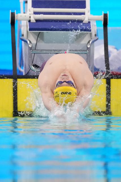 (251111) -- SHENZHEN, Nov. 11, 2025 (Xinhua) -- Xu Jiayu of Zhejiang competes during the men's 100m backstroke preliminary of swimming event at China's 15th National Games in Shenzhen, south China's Guangdong Province, Nov. 11, 2025. (Xinhua/Xue Yuge)