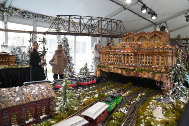 (251111) -- NEW YORK, Nov. 11, 2025 (Xinhua) -- Visitors watch model trains during a preview of the Holiday Train Show at New York Botanical Garden in New York, the United States, on Nov. 11, 2025. A preview for the Holiday Train Show, which is open to the public from Nov. 15, 2025 to Jan. 11, 2026, was held at the New York Botanical Garden on Tuesday, showcasing large-scale model trains running in a miniature New York City where nearly 200 scaled iconic buildings and structures are recreated using bark, leaves and other natural materials. (Xinhua/Zhang Fengguo)