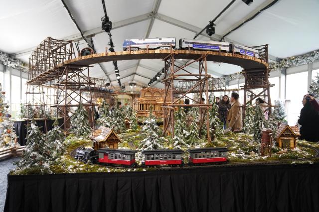 (251111) -- NEW YORK, Nov. 11, 2025 (Xinhua) -- Visitors watch a model train during a preview of the Holiday Train Show at New York Botanical Garden in New York, the United States, on Nov. 11, 2025. A preview for the Holiday Train Show, which is open to the public from Nov. 15, 2025 to Jan. 11, 2026, was held at the New York Botanical Garden on Tuesday, showcasing large-scale model trains running in a miniature New York City where nearly 200 scaled iconic buildings and structures are recreated using bark, leaves and other natural materials. (Xinhua/Zhang Fengguo)