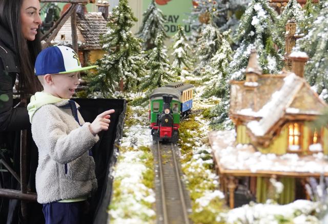 (251111) -- NEW YORK, Nov. 11, 2025 (Xinhua) -- Visitors watch a model train during a preview of the Holiday Train Show at New York Botanical Garden in New York, the United States, on Nov. 11, 2025. A preview for the Holiday Train Show, which is open to the public from Nov. 15, 2025 to Jan. 11, 2026, was held at the New York Botanical Garden on Tuesday, showcasing large-scale model trains running in a miniature New York City where nearly 200 scaled iconic buildings and structures are recreated using bark, leaves and other natural materials. (Xinhua/Zhang Fengguo)