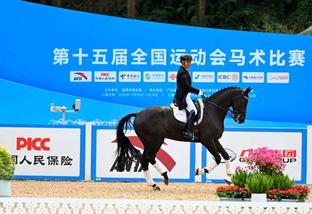 (251112) -- SHENZHEN, Nov. 12, 2025 (Xinhua) -- Gold medalist Liu Tao of Xinjiang celebrates after winning the equestrian dressage individual final at China's 15th National Games in Shenzhen, south China's Guangdong Province, Nov. 12, 2025. (Xinhua/Feng Kaihua)
