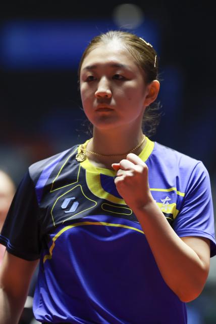 (251112) -- MACAO, Nov. 12, 2025 (Xinhua) -- Chen Meng reacts during the table tennis women's singles round of 16 match between Chen Meng of Shandong and He Zhuojia of Hebei at China's 15th National Games in Macao, south China, Nov. 12, 2025. (Xinhua/Liu Xu)