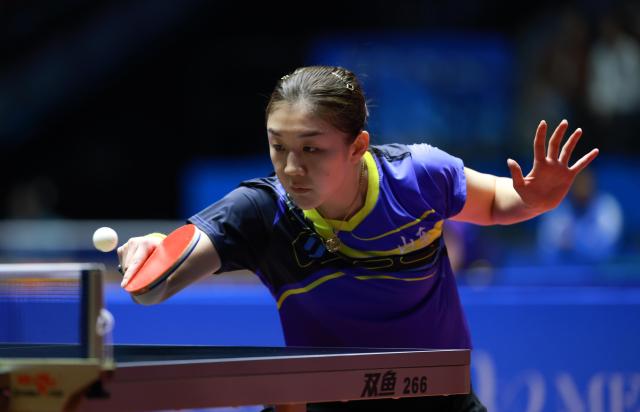 (251112) -- MACAO, Nov. 12, 2025 (Xinhua) -- Chen Meng hits a return during the table tennis women's singles round of 16 match between Chen Meng of Shandong and He Zhuojia of Hebei at China's 15th National Games in Macao, south China, Nov. 12, 2025. (Xinhua/Liu Xu)