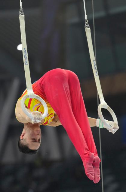 (251112) -- ZHAOQING, Nov. 12, 2025 (Xinhua) -- Yang Yanzhi of Jiangsu competes in rings during the artistic gymnastics men's team final at China's 15th National Games in Zhaoqing, south China's Guangdong Province, Nov. 12, 2025. (Xinhua/Xu Bingjie)