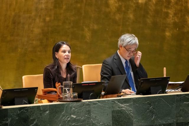(251112) -- UNITED NATIONS, Nov. 12, 2025 (Xinhua) -- UN General Assembly President Annalena Baerbock (L) presides over a General Assembly meeting to elect a judge for the International Court of Justice at the UN headquarters in New York, Nov. 12, 2025. Kenyan jurist Phoebe Okowa was elected a judge of the International Court of Justice (ICJ) on Wednesday to fill the seat vacated by Somalia's Abdulqawi Yusuf, who resigned effective Sept. 30. Under the ICJ's Statute, judges are elected by secret ballot in both the Security Council and the General Assembly. (Evan Schneider/UN Photo/Handout via Xinhua)