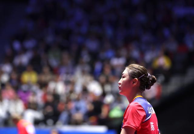 (251113) -- MACAO, Nov. 13, 2025 (Xinhua) -- Chen Meng reacts during the table tennis women's singles quarterfinal match between Kuai Man of Jiangsu and Chen Meng of Shandong at China's 15th National Games in Macao, south China, Nov. 13, 2025. (Xinhua/Chen Bin)