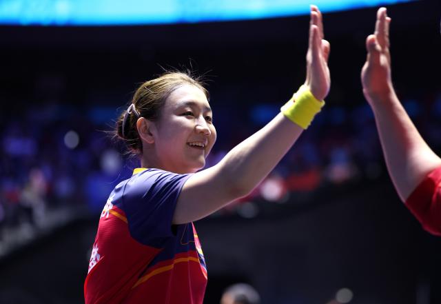 (251113) -- MACAO, Nov. 13, 2025 (Xinhua) -- Chen Meng celebrates after winning the table tennis women's singles quarterfinal match between Kuai Man of Jiangsu and Chen Meng of Shandong at China's 15th National Games in Macao, south China, Nov. 13, 2025. (Xinhua/Chen Bin)