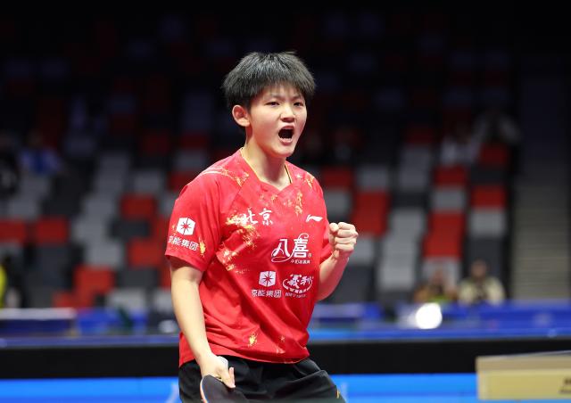 (251113) -- MACAO, Nov. 13, 2025 (Xinhua) -- Zhu Qihui of Beijing celebrates in the match against Ding Yijie of Shandong during U18 women's team final match of table tennis between Beijing and Shandong at China's 15th National Games in Macao, south China, Nov. 13, 2025. (Xinhua/Liang Xu)