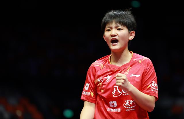 (251113) -- MACAO, Nov. 13, 2025 (Xinhua) -- Zhu Qihui of Beijing celebrates scoring in the match against Jiang Yiyi of Shandong during U18 women's team final match of table tennis between Beijing and Shandong at China's 15th National Games in Macao, south China, Nov. 13, 2025. (Xinhua/Liang Xu)