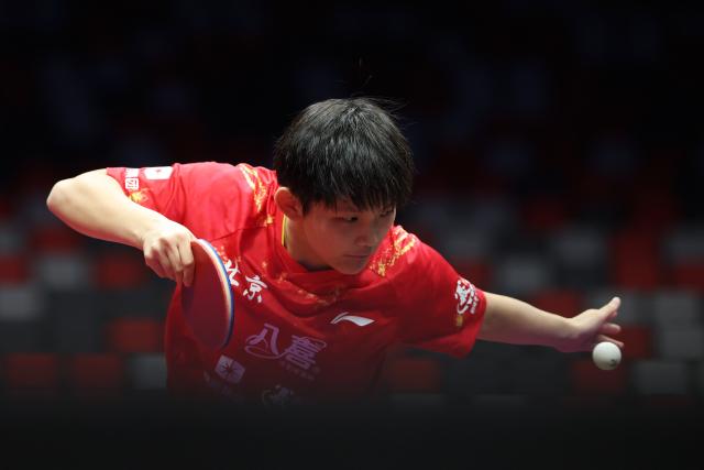 (251113) -- MACAO, Nov. 13, 2025 (Xinhua) -- Zhu Qihui of Beijing serves in the match against Jiang Yiyi of Shandong during U18 women's team final match of table tennis between Beijing and Shandong at China's 15th National Games in Macao, south China, Nov. 13, 2025. (Xinhua/Liang Xu)