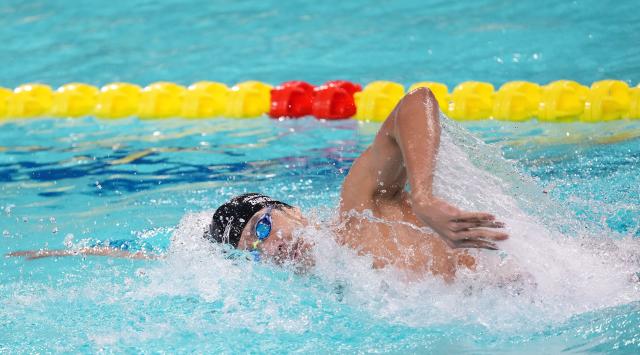 (251113) -- SHENZHEN, Nov. 13, 2025 (Xinhua) -- Zhang Zhanshuo of Shandong competes during the men's 800m freestyle final of swimming at China's 15th National Games in Shenzhen, south China's Guangdong Province, Nov. 13, 2025. (Xinhua/Xue Yuge)