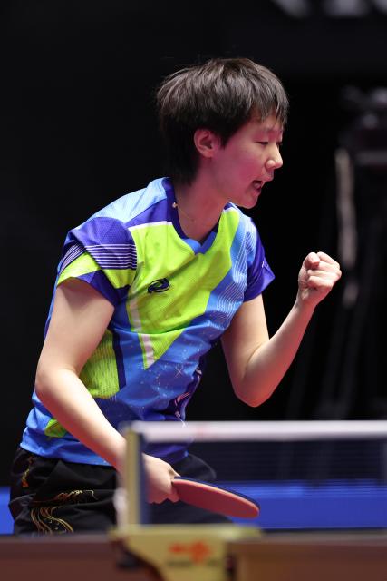 (251113) -- MACAO, Nov. 13, 2025 (Xinhua) -- Wang Manyu celebrates scoring during the women's singles quaterfinal match of table tennis between Wang Manyu of Heilongjiang and Wang Yidi of Liaoning at China's 15th National Games in Macao, south China, Nov. 13, 2025. (Xinhua/Chen Bin)
