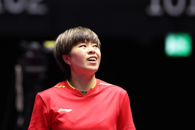 (251113) -- MACAO, Nov. 13, 2025 (Xinhua) -- Wang Yidi reacts during the women's singles quaterfinal match of table tennis between Wang Manyu of Heilongjiang and Wang Yidi of Liaoning at China's 15th National Games in Macao, south China, Nov. 13, 2025. (Xinhua/Chen Bin)