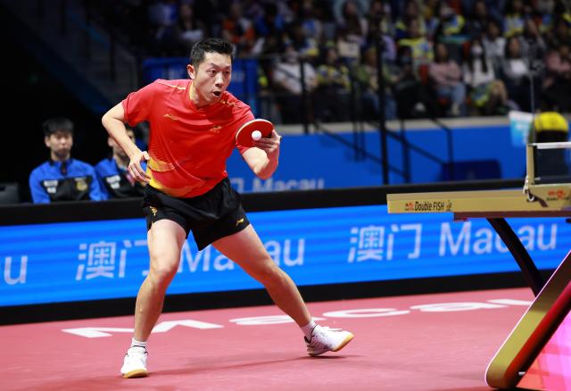 (251114) -- MACAO, Nov. 14, 2025 (Xinhua) -- Xu Xin of Shanghai returns a ball in the match against Chen Yaxuan of Jiangsu during the men's team group A match of table tennis between Shanghai and Jiangsu at China's 15th National Games in Macao, south China, Nov. 14, 2025. (Xinhua/Liang Xu)