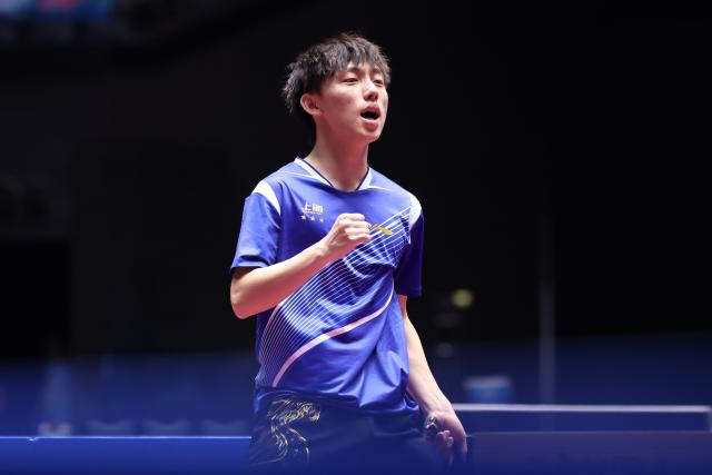 (251114) -- MACAO, Nov. 14, 2025 (Xinhua) -- Zhou Jinquan of Shanghai celebrates scoring during the U18 men's singles semifinal match of table tennis between Zhou Jinquan of Shanghai and Chen Xuanyi of Hebei at China's 15th National Games in Macao, south China, Nov. 14, 2025. (Xinhua/Liang Xu)