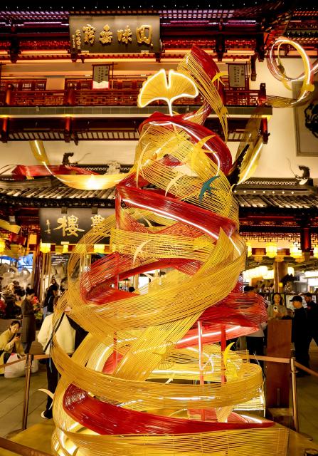 (251114) -- SHANGHAI, Nov. 14, 2025 (Xinhua) -- An installation showcasing bamboo weaving skills, an intangible cultural heritage, is seen in Yuyuan Garden, Shanghai, east China, Nov. 14, 2025. A series of cultural events were held here to showcase the charm of Chinese intangible cultural heritages. 
   Located near the Bund in central Shanghai, Yuyuan Garden is a landmark attraction in this east China metropolis. Last year, it welcomed a record 2.7 million visitors -- with international tourists comprising nearly one-fourth of that total. (Xinhua/Liu Ying)