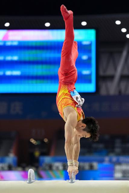 (251114) -- ZHAOQING, Nov. 14, 2025 (Xinhua) -- Zou Jingyuan of Sichuan competes in pommel horse during the men's pommel horse-rings-parallel bars all-around final of artistic gymnastics at China's 15th National Games in Zhaoqing, south China's Guangdong Province, Nov. 14, 2025. (Xinhua/Xu Bingjie)