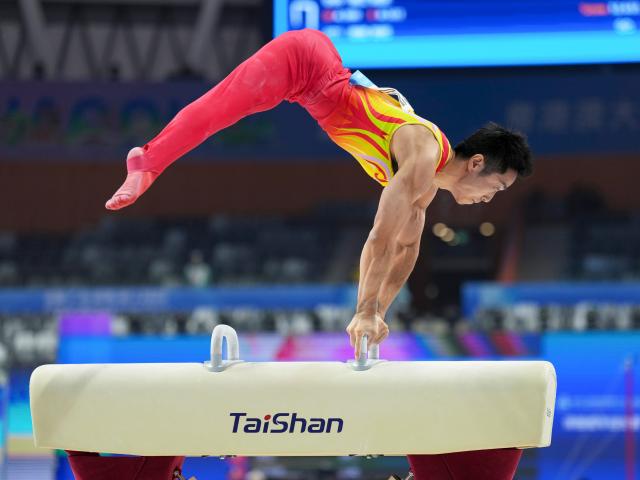 (251114) -- ZHAOQING, Nov. 14, 2025 (Xinhua) -- You Hao of Jiangsu competes in pommel horse during the men's pommel horse-rings-parallel bars all-around final of artistic gymnastics at China's 15th National Games in Zhaoqing, south China's Guangdong Province, Nov. 14, 2025. (Xinhua/Xu Bingjie)