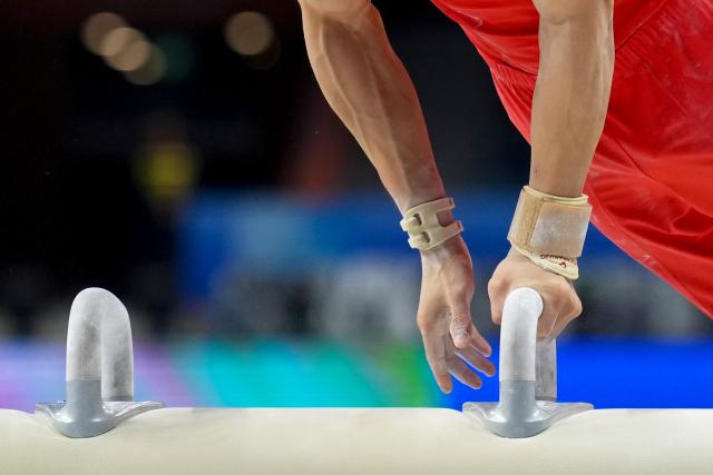 (251114) -- ZHAOQING, Nov. 14, 2025 (Xinhua) -- Zou Jingyuan of Sichuan competes in pommel horse during the men's pommel horse-rings-parallel bars all-around final of artistic gymnastics at China's 15th National Games in Zhaoqing, south China's Guangdong Province, Nov. 14, 2025. (Xinhua/Xu Bingjie)