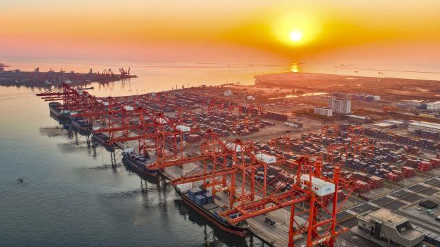 (251115) -- BEIJING, Nov. 15, 2025 (Xinhua) -- An aerial drone photo taken on Nov. 14, 2025 shows vessels moored at a container terminal in Jingtang area of Tangshan Port in Tangshan City, north China's Hebei Province.
  China's industrial output for the first 10 months posted a steady 6.1 percent year-on-year increase, with the services production index up 5.7 percent. (Photo by Liu Mancang/Xinhua)