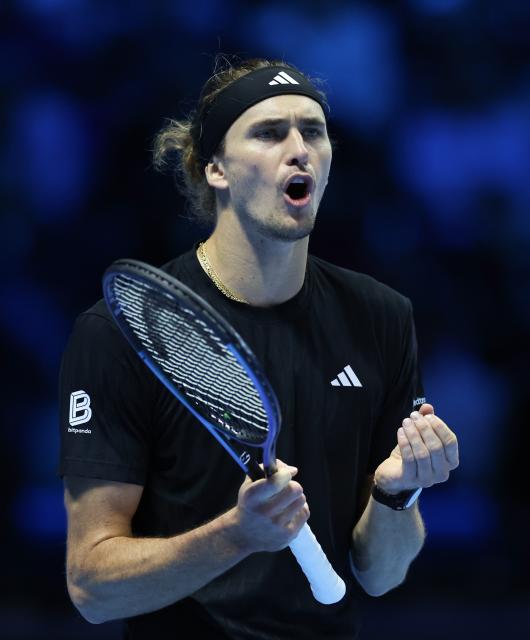 (251115) -- TURIN, Nov. 15, 2025 (Xinhua) -- Alexander Zverev reacts during the men's singles round robin match between Alexander Zverev of Germany and Felix Auger-Aliassime of Canada at the ATP Finals tennis tournament in Turin, Italy, on Nov. 14, 2025. (Xinhua/Li Jing)