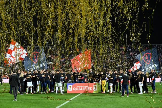(251115) -- RIJEKA, Nov. 15, 2025 (Xinhua) -- Team Croatia celebrate after qualifying for the FIFA World Cup 2026 after the match between Croatia and the Faroe Islands in Rijeka, Croatia, on Nov. 14, 2025. (Marko Lukunic/PIXSELL via Xinhua)