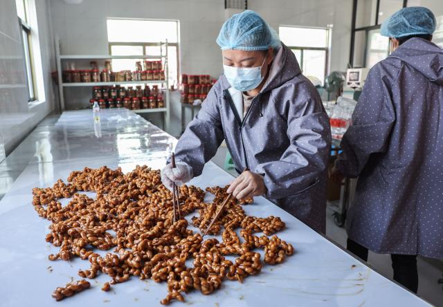 (251115) -- YIWU, Nov. 15, 2025 (Xinhua) -- A sugar factory worker airs fried dough twist, known as Mahua, which here is made with brown sugar syrup, in Shangyang Village of Yiwu City, east China's Zhejiang Province, Nov. 15, 2025.
  Boasting a history of making brown sugar for more than 300 years, Yiwu is known as the "home of brown sugar." Processed via traditional methods involving iron pot boiling and firewood heating to ensure the purity of the sugar, the resulting sugar has a light yellow color with a hint of cyan. (Xinhua/Xu Yu)