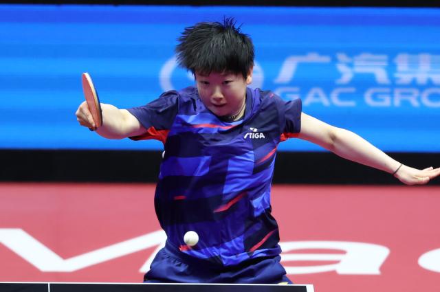 (251115) -- MACAO, Nov. 15, 2025 (Xinhua) -- Sun Yingsha hits a return during the women's singles semifinal match of table tennis between Sun Yingsha of Hebei and Zhu Yuling of Macao at China's 15th National Games in Macao, south China, Nov. 15, 2025. (Xinhua/Liu Xu)