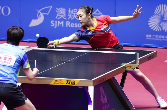 (251115) -- MACAO, Nov. 15, 2025 (Xinhua) -- Chen Meng (R) hits a return during the women's singles semifinal match of table tennis between Chen Meng of Shandong and Wang Manyu of Heilongjiang at China's 15th National Games in Macao, south China, Nov. 15, 2025. (Xinhua/Liu Xu)