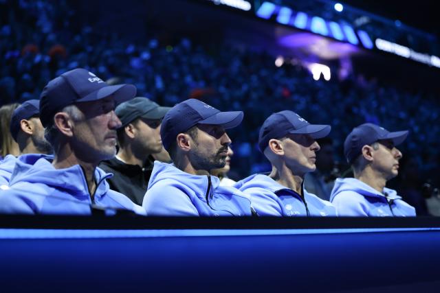 (251116) -- TURIN, Nov. 16, 2025 (Xinhua) -- Team members of Jannik Sinner react during the men's singles semifinal match between Jannik Sinner of Italy and Alex De Minaur of Australia at the ATP Finals tennis tournament in Turin, Italy, on Nov. 15, 2025. (Xinhua/Li Jing)