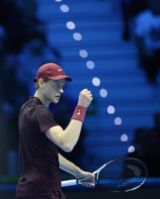 (251116) -- TURIN, Nov. 16, 2025 (Xinhua) -- Jannik Sinner celebrates a point during the men's singles semifinal match between Jannik Sinner of Italy and Alex De Minaur of Australia at the ATP Finals tennis tournament in Turin, Italy, on Nov. 15, 2025. (Xinhua/Li Jing)
