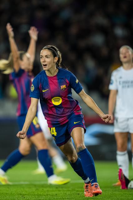 (251116) -- BARCELONA, Nov. 16, 2025 (Xinhua) -- Aitana Bonmati of FC Barcelona celebrates her goal during Liga F match between FC Barcelona and Real Madrid CF in Barcelona, Spain, on Nov. 15, 2025. (Photo by Joan Gosa/Xinhua)