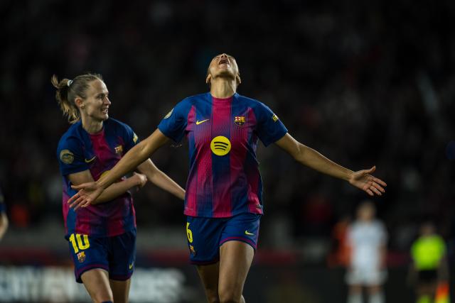 (251116) -- BARCELONA, Nov. 16, 2025 (Xinhua) -- Sydney Schertenleib of FC Barcelona celebrates her goal during Liga F match between FC Barcelona and Real Madrid CF in Barcelona, Spain, on Nov. 15, 2025. (Photo by Joan Gosa/Xinhua)