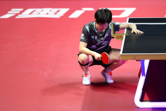 (251116) -- MACAO, Nov. 16, 2025 (Xinhua) -- Wang Chuqin reacts during the men's singles bronze medal match of table tennis between Wang Chuqin of Beijing and Yuan Licen of Liaoning at China's 15th National Games in Macao, south China, Nov. 16, 2025. (Xinhua/Cheong Kam Ka)