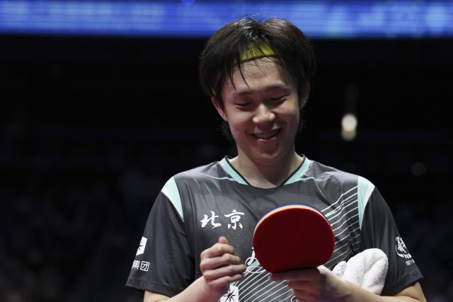 (251116) -- MACAO, Nov. 16, 2025 (Xinhua) -- Wang Chuqin reacts during the men's singles bronze medal match of table tennis between Wang Chuqin of Beijing and Yuan Licen of Liaoning at China's 15th National Games in Macao, south China, Nov. 16, 2025. (Xinhua/Liu Xu)