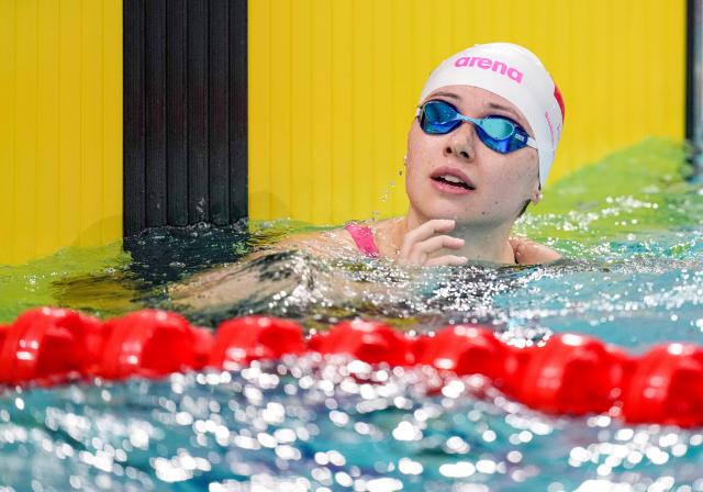 (251116) -- SHENZHEN, Nov. 16, 2025 (Xinhua) -- Siobhan Bernadette Haughey of Hong Kong reacts after the women's 50m freestyle preliminary of swimming at China's 15th National Games in Shenzhen, south China's Guangdong Province, Nov. 16, 2025. (Xinhua/Tenzin Nyida)