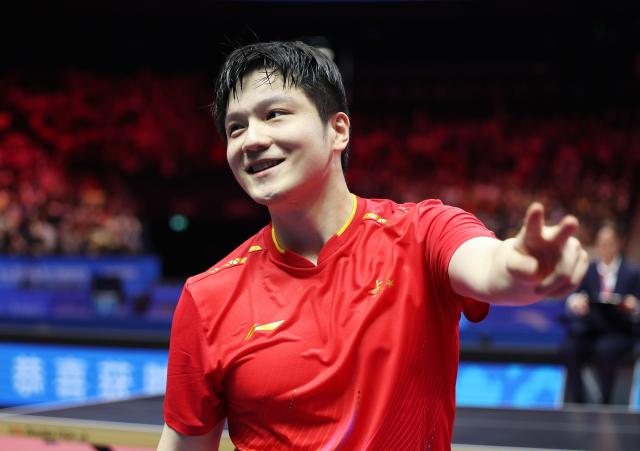 (251116) -- MACAO, Nov. 16, 2025 (Xinhua) -- Fan Zhendong of Shanghai reacts after winning the men's singles final match of table tennis against Lin Shidong of Hainan at China's 15th National Games in Macao, south China, Nov. 16, 2025. (Xinhua/Chen Bin)