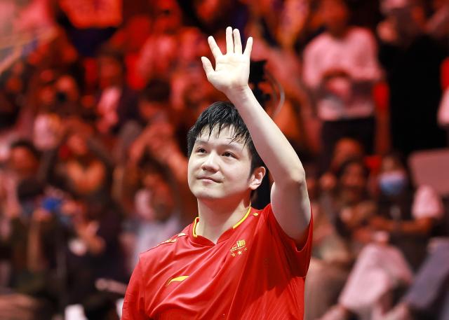 (251116) -- MACAO, Nov. 16, 2025 (Xinhua) -- Fan Zhendong of Shanghai reacts after winning the men's singles final match of table tennis against Lin Shidong of Hainan at China's 15th National Games in Macao, south China, Nov. 16, 2025. (Xinhua/Liang Xu)