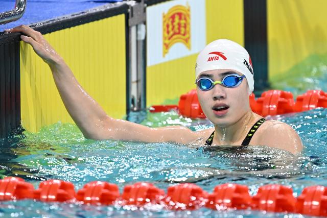 (251116) -- SHENZHEN, Nov. 16, 2025 (Xinhua) -- Zhang Yufei of Jiangsu reacts after the women's 50m butterfly final of swimming at China's 15th National Games in Shenzhen, south China's Guangdong Province, Nov. 16, 2025. (Xinhua/Chen Yichen)
