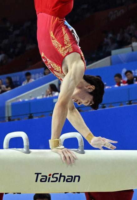 (251116) -- ZHAOQING, Nov. 16, 2025 (Xinhua) -- Lu Chongcan of Guangxi competes during the artistic gymnastics men's pommel horse final at China's 15th National Games in Zhaoqing, south China's Guangdong Province, Nov. 16, 2025. (Xinhua/Zhu Xiang)