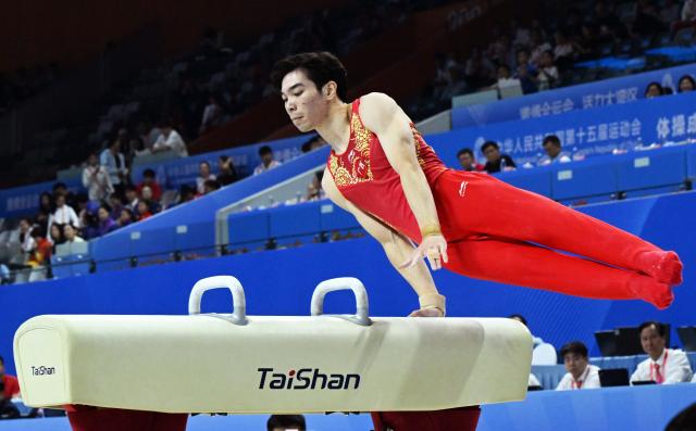(251116) -- ZHAOQING, Nov. 16, 2025 (Xinhua) -- Lu Chongcan of Guangxi competes during the artistic gymnastics men's pommel horse final at China's 15th National Games in Zhaoqing, south China's Guangdong Province, Nov. 16, 2025. (Xinhua/Zhu Xiang)