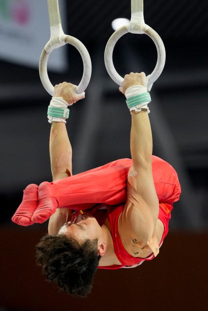 (251116) -- ZHAOQING, Nov. 16, 2025 (Xinhua) -- Zou Jingyuan of Sichuan competes during the artistic gymnastics men's rings final at China's 15th National Games in Zhaoqing, south China's Guangdong Province, Nov. 16, 2025. (Xinhua/Xu Bingjie)
