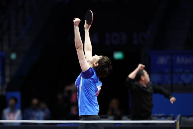 (251116) -- MACAO, Nov. 16, 2025 (Xinhua) -- Wang Manyu reacts after the women's singles final match of table tennis between Sun Yingsha of Hebei and Wang Manyu of Heilongjiang at China's 15th National Games in Macao, south China, Nov. 16, 2025. (Xinhua/Liu Xu)