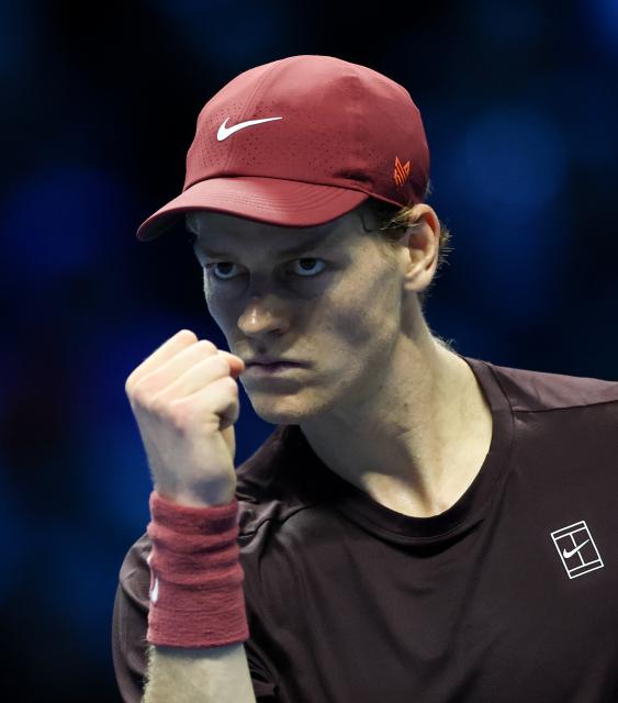 (251117) -- TURIN, Nov. 17, 2025 (Xinhua) -- Jannik Sinner celebrates a point during the men's singles final match between Jannik Sinner of Italy and Carlos Alcaraz of Spain at the ATP Finals tennis tournament in Turin, Italy, on Nov. 16, 2025. (Xinhua/Li Jing)