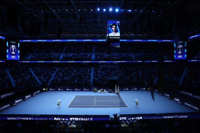 (251117) -- TURIN, Nov. 17, 2025 (Xinhua) -- Carlos Alcaraz returns a shot during the men's singles final match between Jannik Sinner of Italy and Carlos Alcaraz of Spain at the ATP Finals tennis tournament in Turin, Italy, on Nov. 16, 2025. (Xinhua/Li Jing)