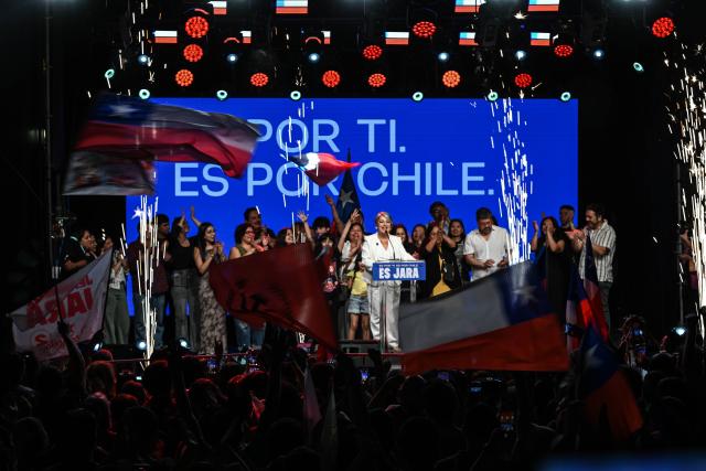 (251117) -- SANTIAGO, Nov. 17, 2025 (Xinhua) -- Chile's leftist candidate Jeannette Jara attends a celebration after confirming her entry into the second round of the presidential election on Dec. 14, in Santiago, Chile, Nov. 16, 2025. Preliminary results from Chile's Electoral Service (Servel) on Sunday showed that leftist candidate Jeannette Jara and Republican contender Jose Antonio Kast will advance to a Dec. 14 runoff, as neither secured more than 50 percent of the vote. (Photo by Jorge Villegas/Xinhua)