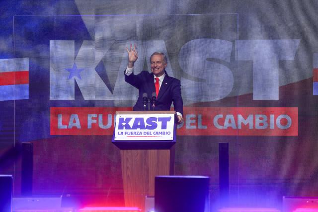 (251117) -- SANTIAGO, Nov. 17, 2025 (Xinhua) -- Chile's Republican contender Jose Antonio Kast speaks after confirming his entry into the second round of the presidential election on Dec. 14, in Santiago, Chile, Nov. 16, 2025. Preliminary results from Chile's Electoral Service (Servel) on Sunday showed that leftist candidate Jeannette Jara and Republican contender Jose Antonio Kast will advance to a Dec. 14 runoff, as neither secured more than 50 percent of the vote. (Xinhua)