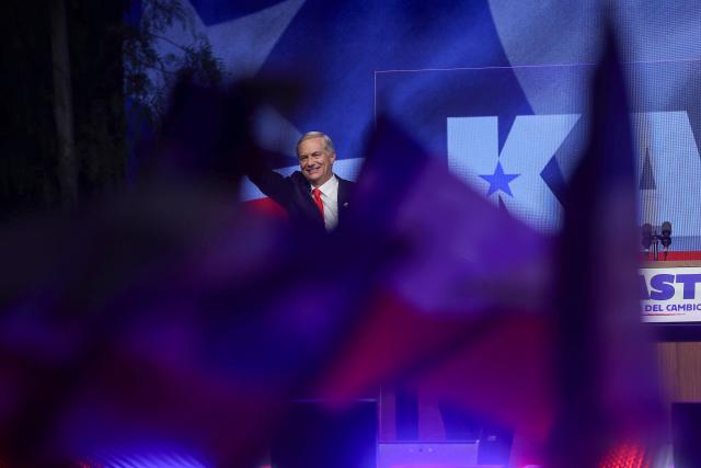 (251117) -- SANTIAGO, Nov. 17, 2025 (Xinhua) -- Chile's Republican contender Jose Antonio Kast speaks after confirming his entry into the second round of the presidential election on Dec. 14, in Santiago, Chile, Nov. 16, 2025. Preliminary results from Chile's Electoral Service (Servel) on Sunday showed that leftist candidate Jeannette Jara and Republican contender Jose Antonio Kast will advance to a Dec. 14 runoff, as neither secured more than 50 percent of the vote. (Xinhua)