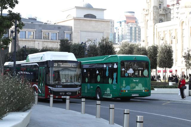 (251117) -- BAKU, Nov. 17, 2025 (Xinhua) -- New energy buses of BYD brand (R) and Yutong brand are seen on a street of Baku, Azerbaijan, on Nov. 16, 2025. In the eyes of locals in Baku, Chinese cars are cost-effective, energy-saving, and environmentally friendly, so more and more people are choosing to buy Chinese cars. (Xinhua/Chen Junfeng)